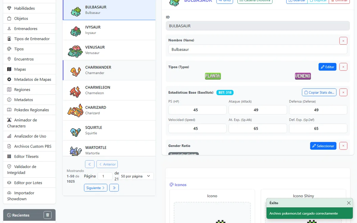 Captura real de PBS Editor: ficha de Bulbasaur con tipos y estadisticas base editables