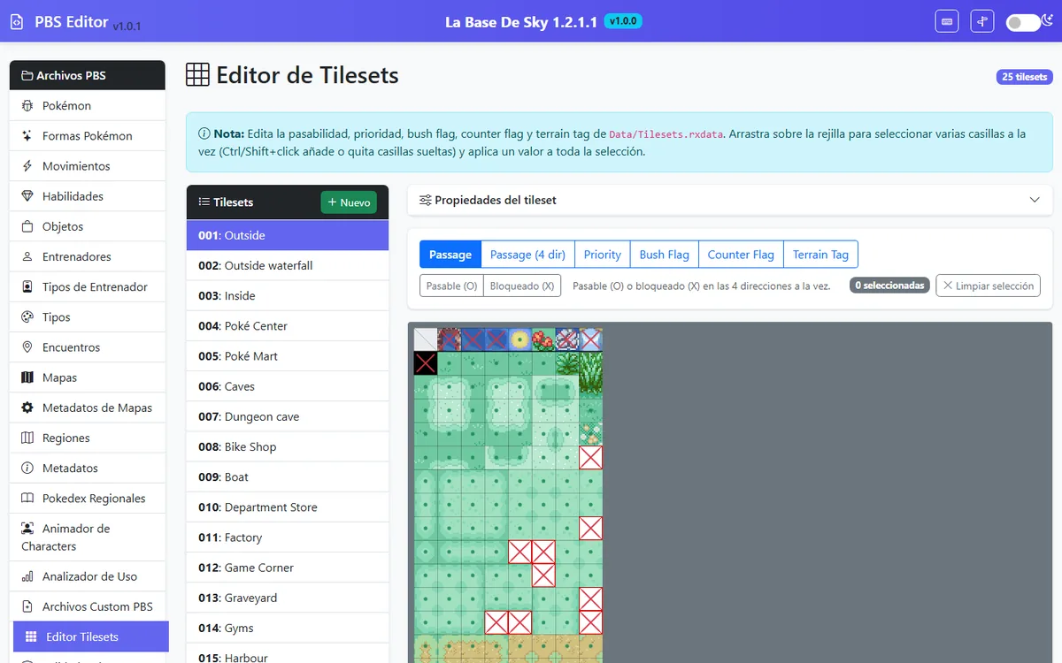 Editor de tilesets de PBS Editor mostrando la hoja de tiles y sus propiedades de passage